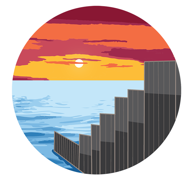 a sunset falling over an ocean, with high wire fences descending into the water off the land