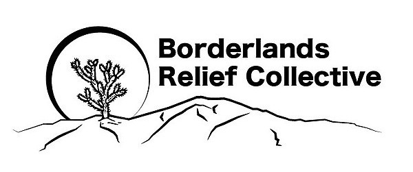 a cactus perched on a hill and highlighted by a circle, adjacent to the words 'Borderlands Relief Collective'
