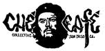 a stylized black and white portrait of Che Guevara, who is bearded, mustached, long-haired man in a beret, amidst the words 'Che Cafe Collective - San Diego CA'. 
