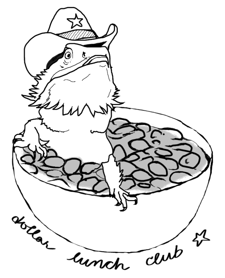 A black line sketch of a bearded dragon emerging from a bowl of beans. The lizard is wearing a cowboy hat emblazoned with a 5-pointed star. Under the bowl are the words 'Dollar Lunch Club'
