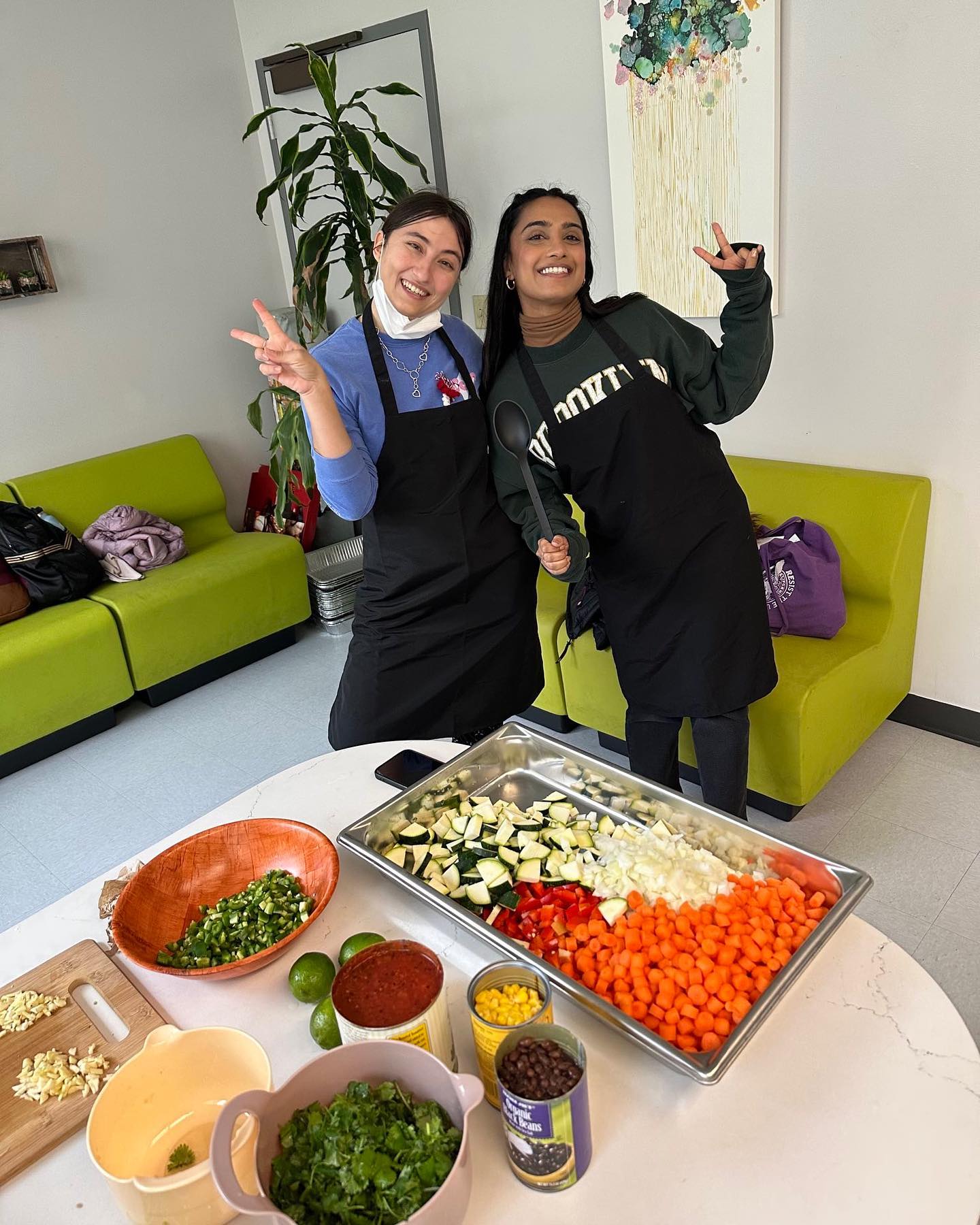 An indoor area, with modern-style sectional seating, an abstract painting, and a potted plant in the background. Two people wearing aprons make 'peace' signs and smile at the camera. On the table in front of them are bowls and pans full of chopped vegetables.