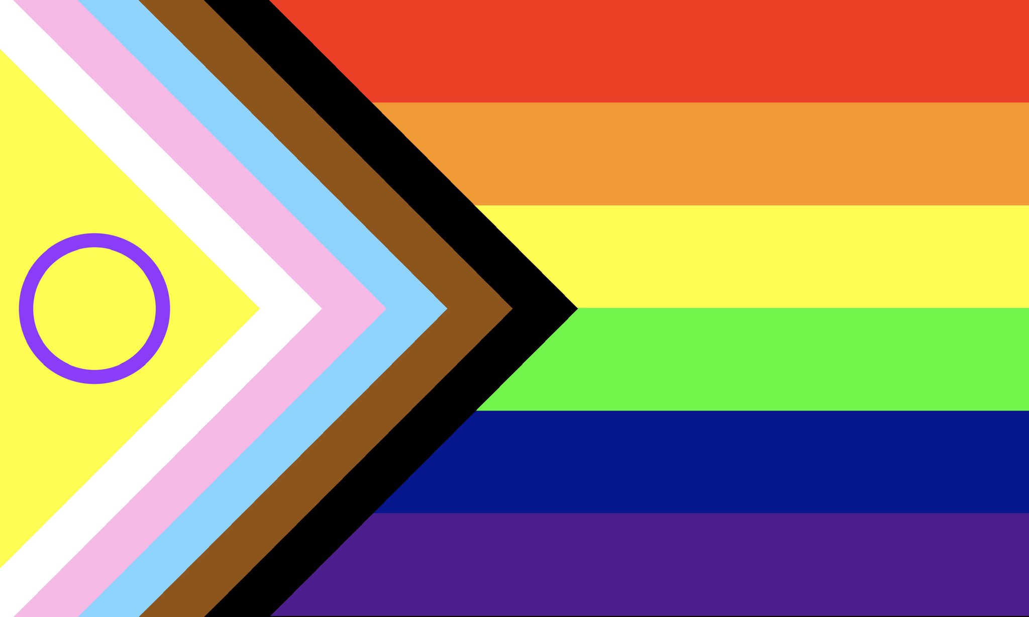 an intersectional LGBT pride flag, featuring the 6-color rainbow LGBT pride flag. the colors of the transgender pride flag, a brown stripe and a black stripe for antiracism are overlaid as a chevron. within the chevron is a purple curcle on a yellow field, representing intersex pride.