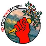a raised red fist holding a carrot in front of a clouded sunset sky, featuring the words 'SD Food Not Bombs'