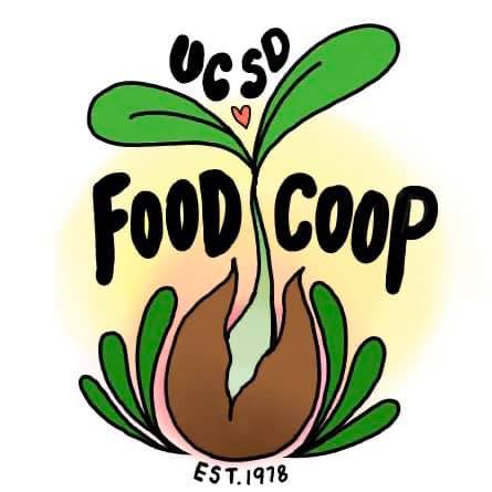 logo of the UCSD Food Co-Op: a small green sprout emerges from a cracked bean, surrounded by the words 'UCSD Food Co-Op'