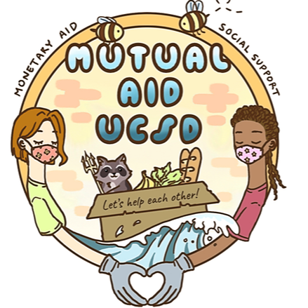 two people wearing masks and gloves form a heart shape with their hands in the foreground. An ocean wave in the midground carries a cardboard box, emblazoned with the words 'Let's help each other', containing bananas, bread, and a racoon holding a trident. Two bees fly near the words 'Mutual Aid UCSD' at the top of the seal. The phrases 'Monetary Aid' and 'Social Support' adorn the outside of the circular seal.